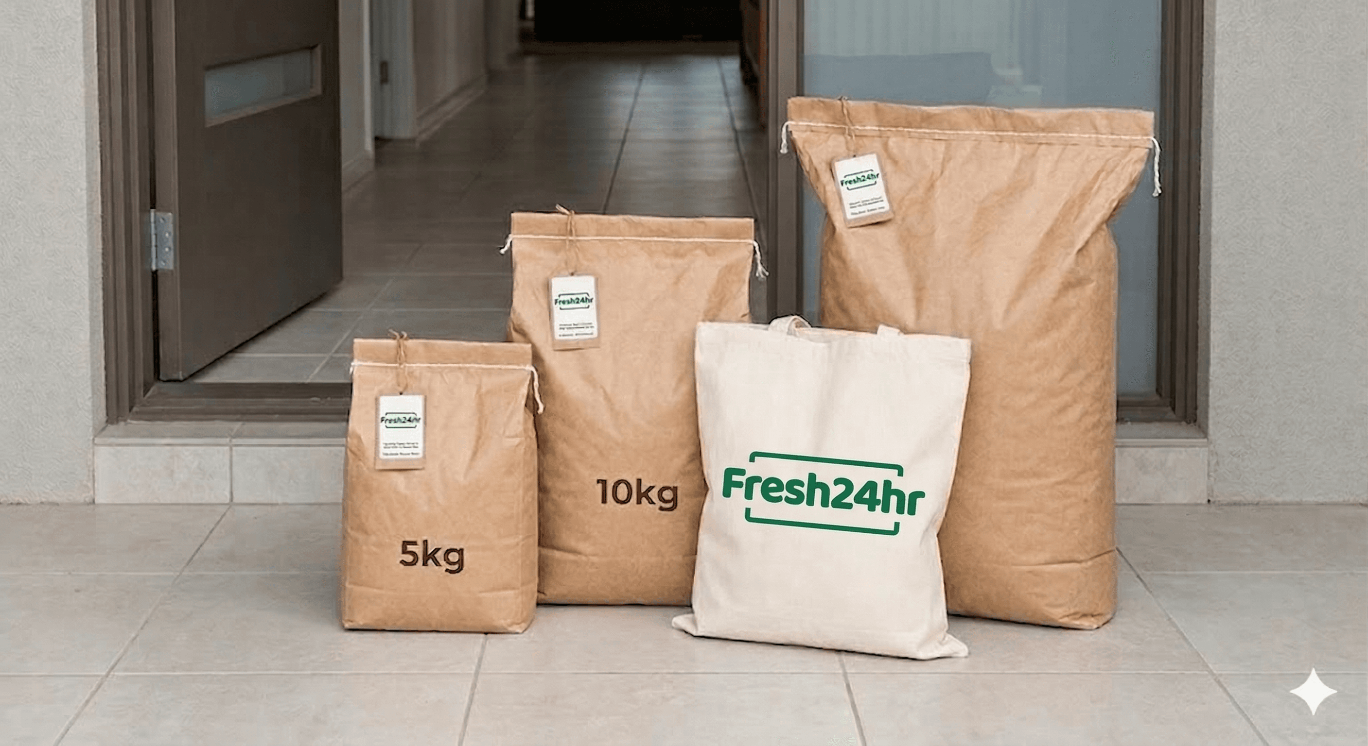 Fresh24Hr doorstep pack sizes for 5 kg and 10 kg orders